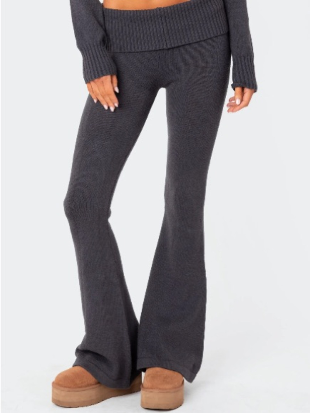 Edikted Charcoal Rib-Knit Fold-Over Flare Pants